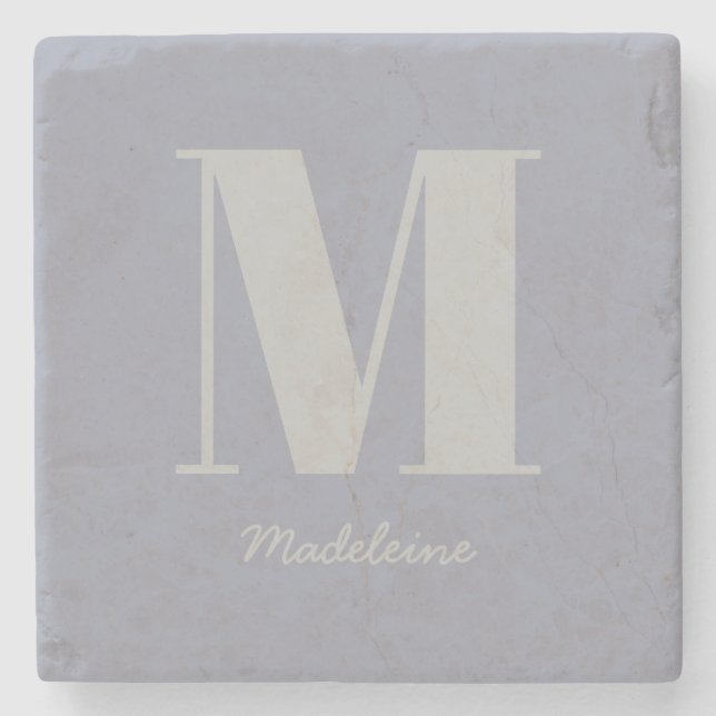 Modern Minimal Monogram Initial Grey Name Stone Coaster (Front)