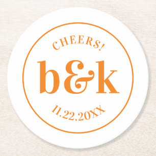 Modern Minimal Monogram Initials Orange Wedding Round Paper Coaster