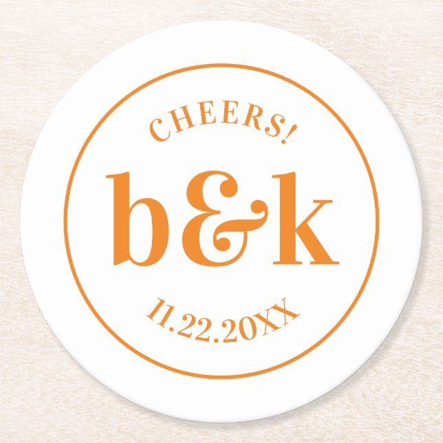 Modern Minimal Monogram Initials Orange Wedding Round Paper Coaster (Front)