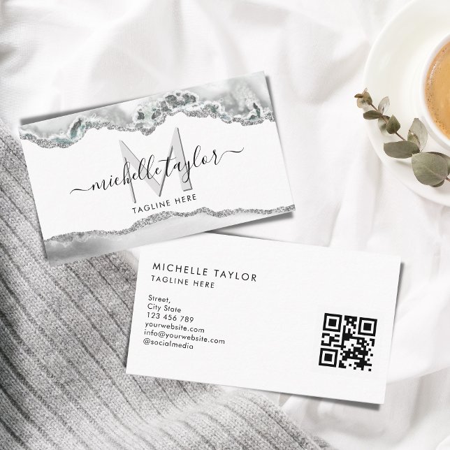 Modern Minimal Monogram Simple QR CODE Business Card (
Modern professional monogram logo collection with a silver agate background
)