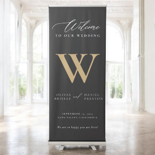 Modern Minimal Monogram Wedding Black Gold Welcome Retractable Banner