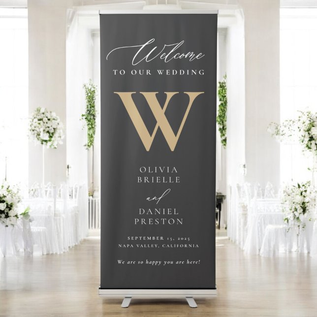 Modern Minimal Monogram Wedding Black Welcome Retractable Banner (Creator Uploaded)