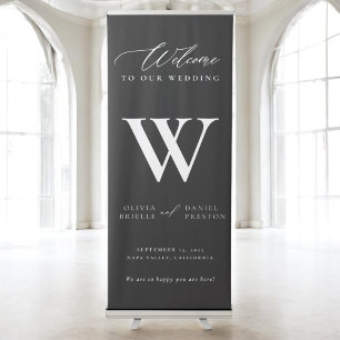 Modern Minimal Monogram Wedding Black Welcome Retractable Banner