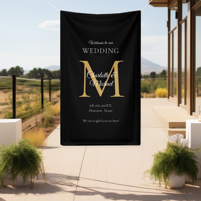 Modern Minimal Monogram Wedding Welcome  Banner (Modern, Minimal, Monogram, Luxury, Black-Beige-Gold, Wedding Welcome Banner.)