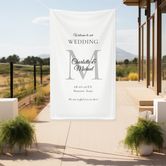 Modern Minimal Monogram Wedding Welcome  Banner (Modern, Minimal, Monogram, Luxury, White-Gray, Wedding Welcome Banner.)