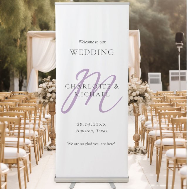 Modern Minimal Monogram Wedding Welcome  Retractable Banner (Modern, Minimal, Monogram, Luxury, White, Wedding Welcome Retractable Banner.)