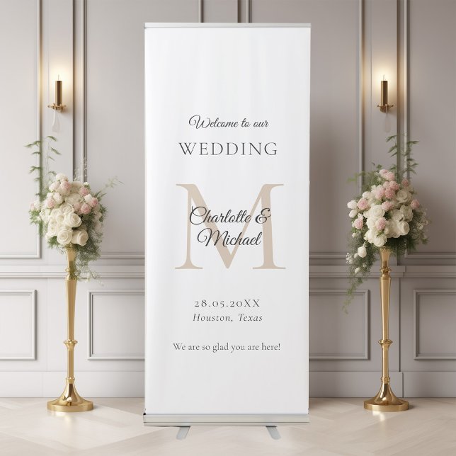 Modern Minimal Monogram Wedding Welcome  Retractable Banner (Modern, Minimal, Monogram, Luxury, White, Wedding Welcome Retractable Banner.)