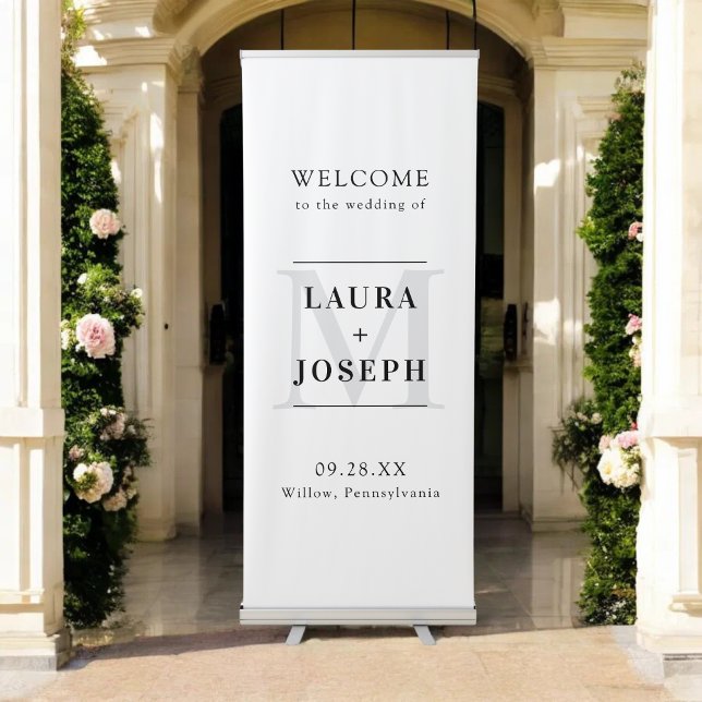 Modern Minimal Monogram Wedding Welcome Retractable Banner (Modern minimal monogram banner adds a personal, elegant touch to your wedding welcome.)