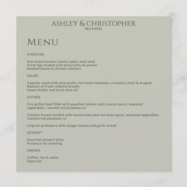 Modern Minimal Moss & Sage Green Wedding Reception Menu (Front)