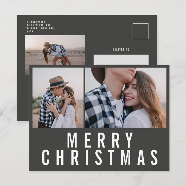 Modern minimal multi photo black white christmas postcard (Front/Back)