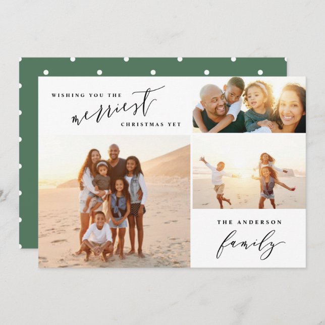 Modern minimal multi photo Christmas script Holiday Card (Front/Back)
