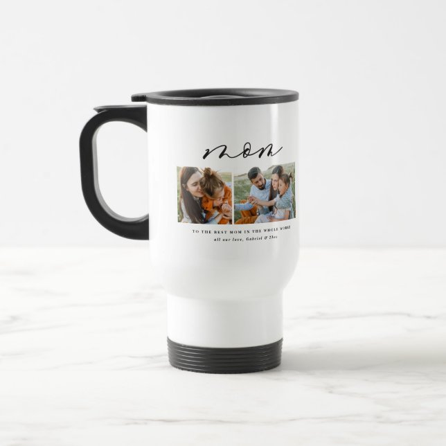 Modern minimal multi photo script mum gift travel mug (Left)