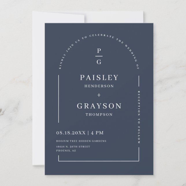 Modern Minimal Navy Arch QR Code Wedding Photo Invitation (Front)