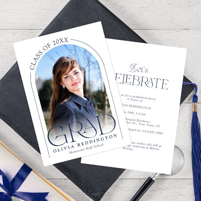 Modern Minimal Navy Blue Arch Photo Grad Party Invitation (Creator Uploaded)