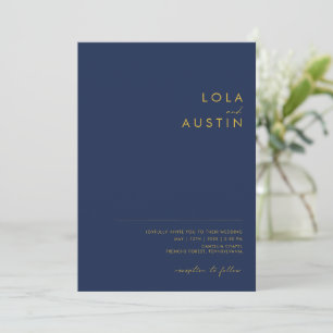 Modern Minimal Navy Blue Gold All In One Wedding Invitation