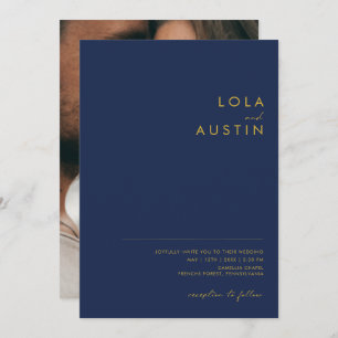 Modern Minimal Navy Blue Gold Casual Photo Wedding Invitation