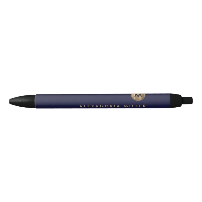 Modern Minimal Navy Blue Gold Monogram Black Ink Pen (Front)