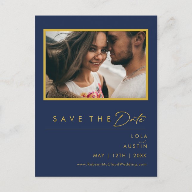 Modern Minimal Navy Blue Gold Photo Save The Date Invitation Postcard (Front)