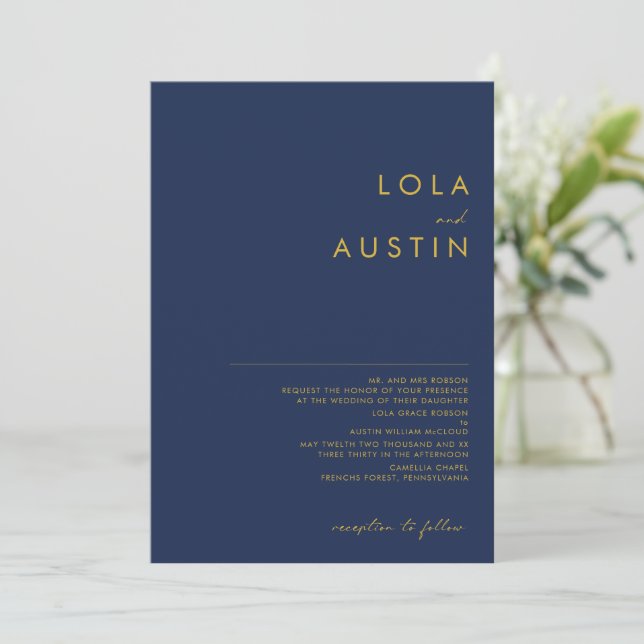 Modern Minimal Navy Blue Gold Traditional Wedding  Invitation (Standing Front)