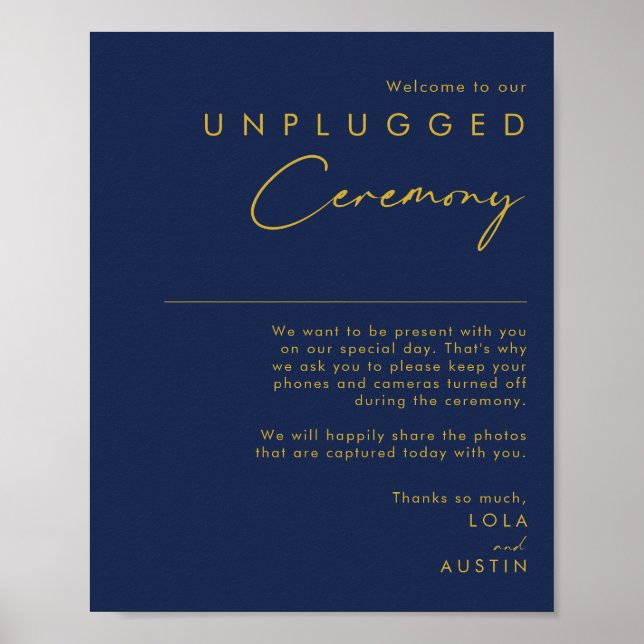 Modern Minimal Navy Blue Gold Unplugged Ceremony Poster (Front)
