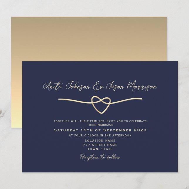 Modern Minimal Navy Blue Gold Wedding Invitation (Front/Back)