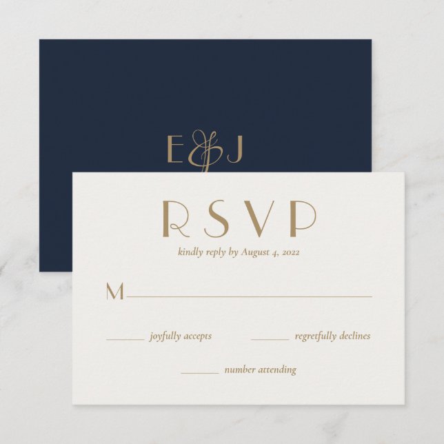 Modern Minimal Navy Blue Gold Wedding  RSVP Card (Front/Back)