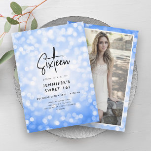 Modern Minimal Navy Blue Lights Photo Sweet 16 Invitation