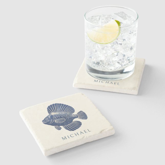 Modern Minimal Navy Blue Nautical Fish Custom Name Stone Coaster (Side)