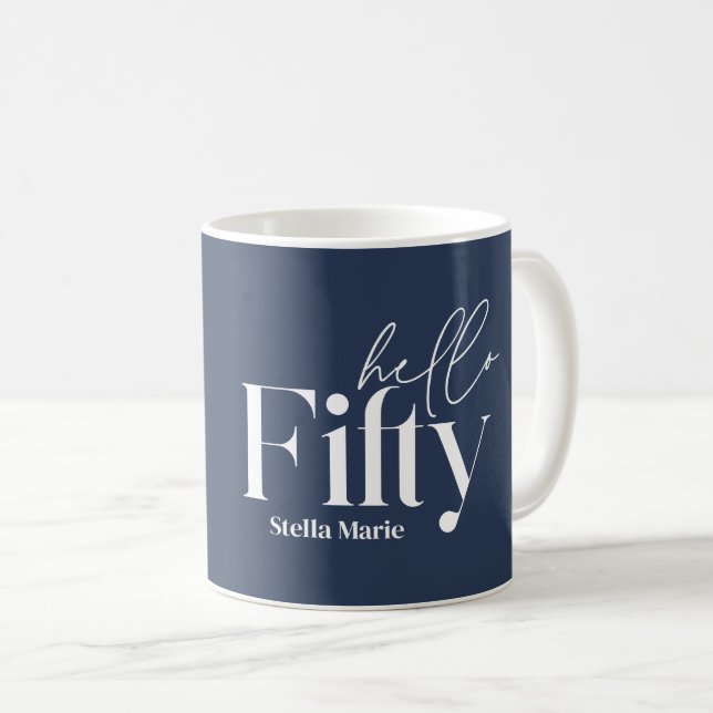 Modern minimal navy blue photo 50th birthday coffee mug (Front Right)