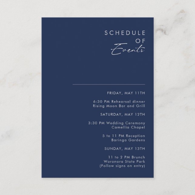 Modern Minimal Navy Blue Silver Schedule of Events Enclosure Card (Front)