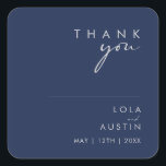 Modern Minimal Navy Blue Silver Thank You Wedding Square Sticker<br><div class="desc">This modern minimal navy blue silver thank you wedding square sticker is perfect for your classy boho wedding. Its simple, unique abstract design accompanied by a contemporary minimal script and a dark navy blue colour palette gives this product a feel of elegant formal luxury while staying simplistic, chic bohemian. Keep...</div>
