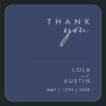 Modern Minimal Navy Blue Silver Thank You Wedding Square Sticker<br><div class="desc">This modern minimal navy blue silver thank you wedding square sticker is perfect for your classy boho wedding. Its simple, unique abstract design accompanied by a contemporary minimal script and a dark navy blue colour palette gives this product a feel of elegant formal luxury while staying simplistic, chic bohemian. Keep...</div>