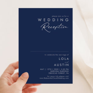 Modern Minimal Navy Blue Silver Wedding Reception Invitation