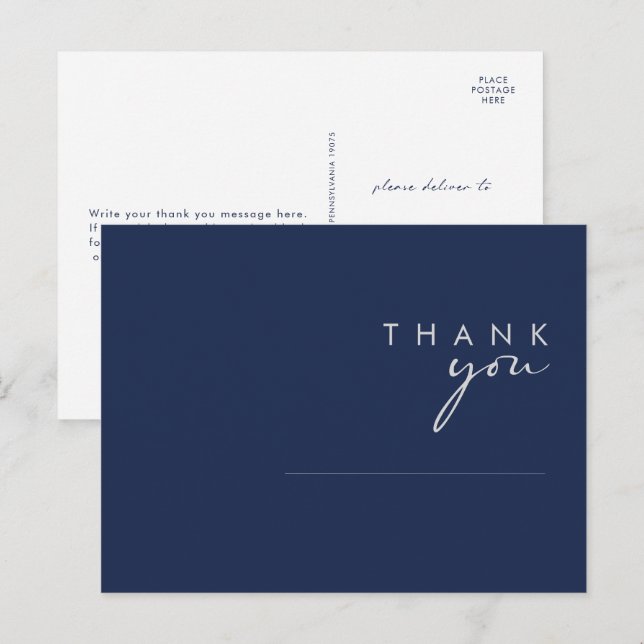 Modern Minimal Navy Blue Silver Wedding Thank You Postcard (Front/Back)