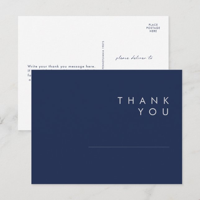 Modern Minimal Navy Blue Silver Wedding Thank You Postcard (Front/Back)