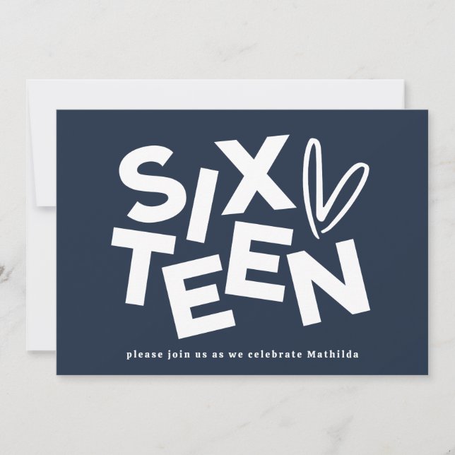 Modern minimal navy blue typography 16th birthday invitation (Front)
