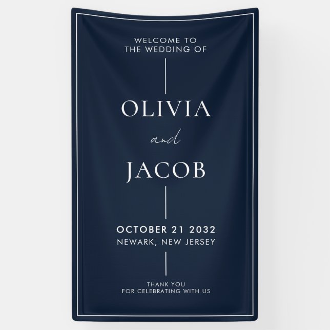 Modern Minimal Navy Blue Wedding Welcome Banner (Vertical)