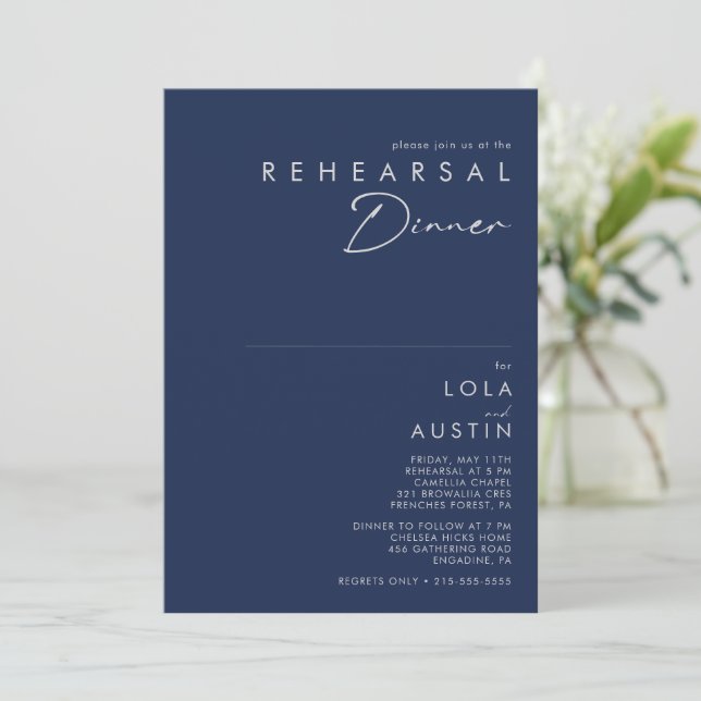 Modern Minimal Navy Silver Gold Rehearsal Dinner Invitation (Standing Front)
