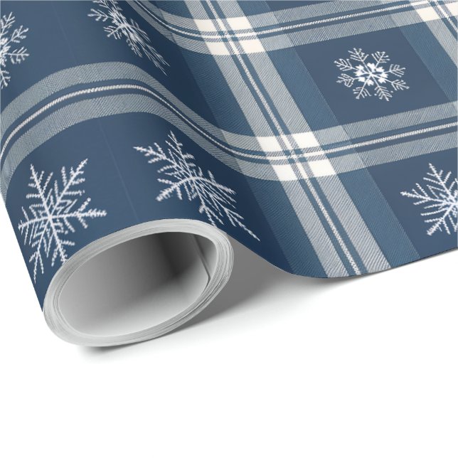 Modern Minimal Navy Snow Plaid Christmas Wrapping  Wrapping Paper (Roll Corner)