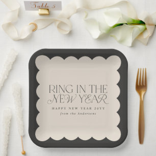 Modern minimal new year black holiday wavy edge paper plate