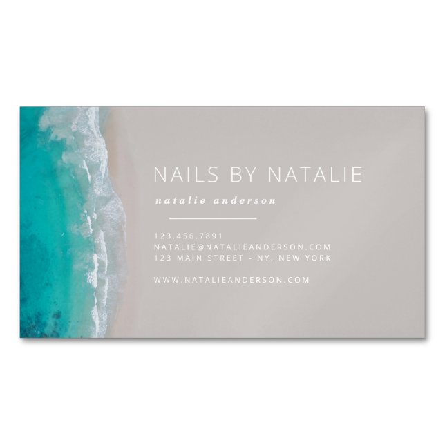 Modern minimal ocean beach typography chic 	Magnetic business card (Front)