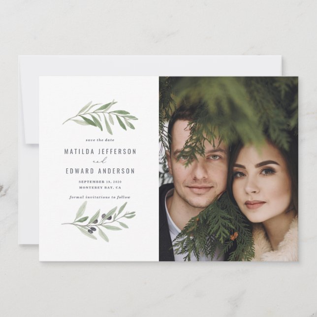 Modern minimal olive branch foliage photo wedding announcement (Front)