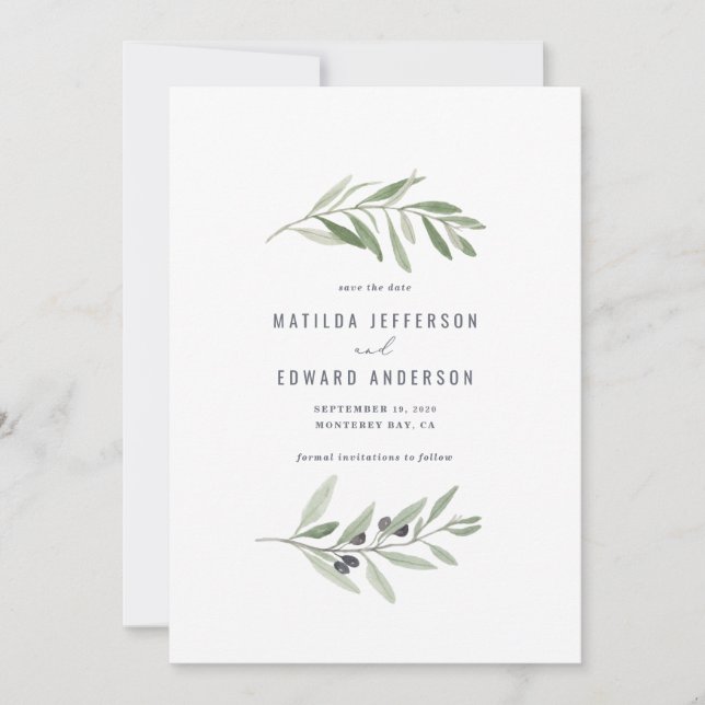 Modern minimal olive branch foliage wedding announcement (Front)