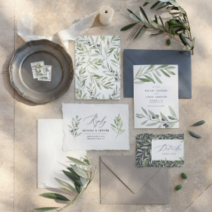 Modern minimal olive branch foliage wedding announcement