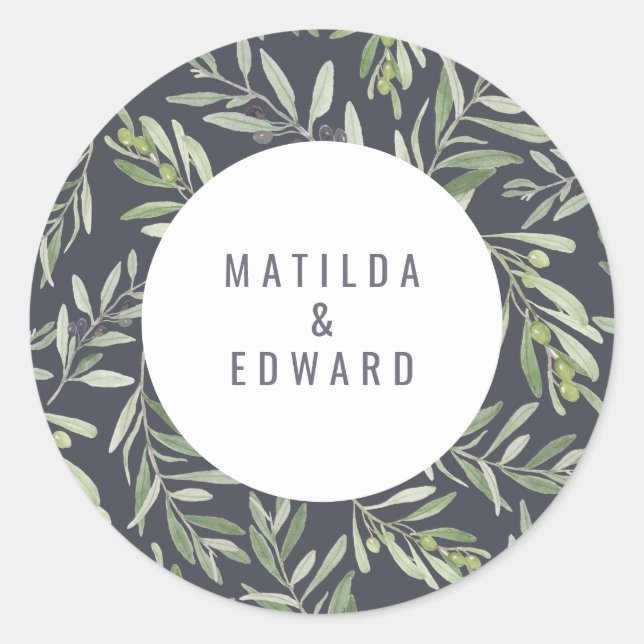 Modern minimal olive branch foliage wedding classic round sticker (Front)