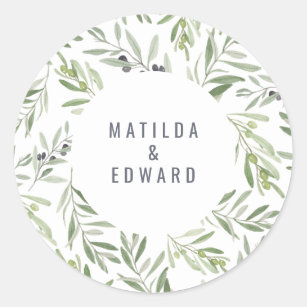 Modern minimal olive branch foliage wedding classic round sticker