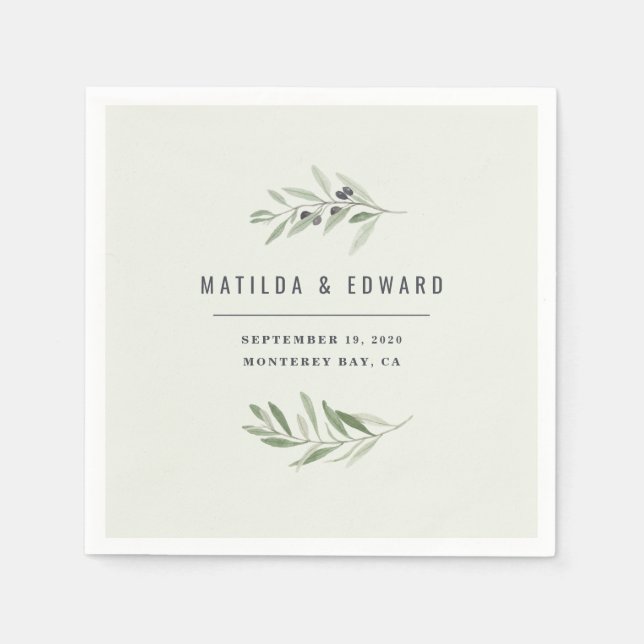 Modern minimal olive branch foliage wedding napkin (Front)