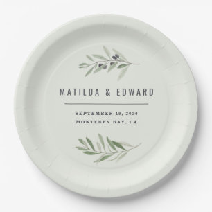 Modern minimal olive branch foliage wedding party paper plate