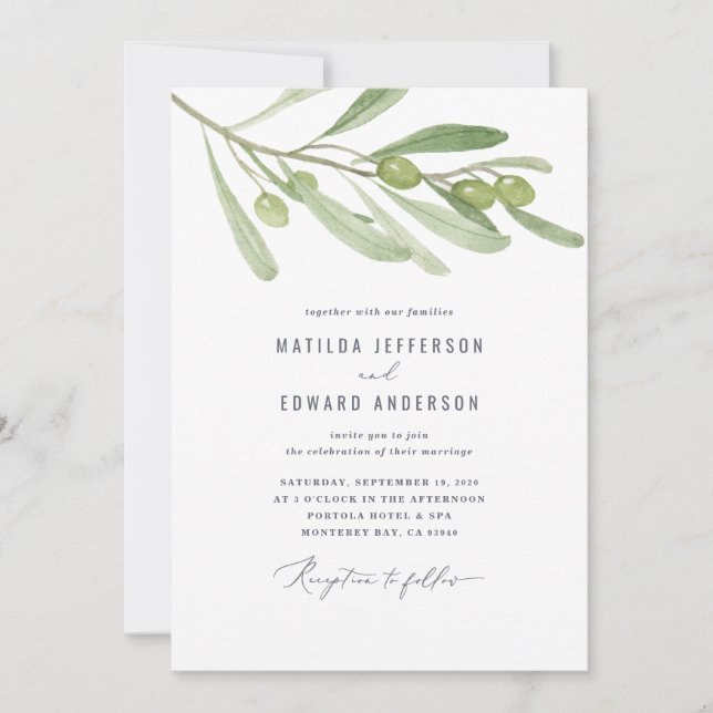 Modern minimal olive branch sage wedding announcement (Front)