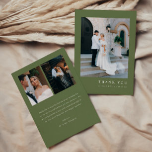 Modern Minimal Olive Green 3-Photo Custom Wedding Thank You Card